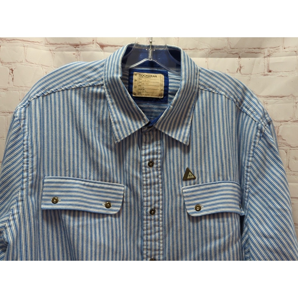ROCAWEAR 3XL men's button‎ front shirt blue striped stitched back long sleeve
